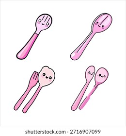 Esta encantadora ilustración presenta cuatro pares de utensilios de cocina de dibujos animados rosados, que incluyen cucharas y un tenedor, cada uno con adorables caras kawaii y rubor en sus mejillas, dispuestos sobre un fondo blanco limpio.   