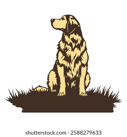 This charming illustration features a Golden Retriever sitting on a patch of grass. The dog is depicted in a side profile with detailed fur texture.