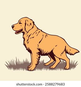 This charming illustration features a Golden Retriever standing on a patch of grass. The dog is depicted in a side profile with its mouth slightly open, appearing to be panting.