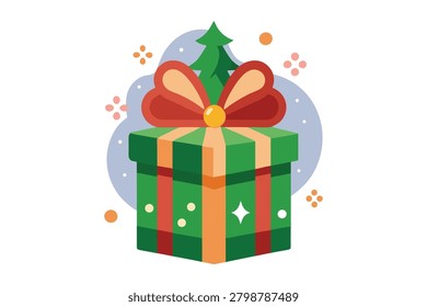 This charming illustration features a green gift box adorned with a festive red ribbon and a miniature evergreen tree on top. It sits on a soft blue background with glowing light particles all around.