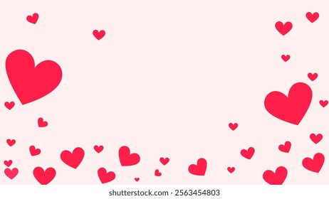 This charming illustration features a light pink background adorned with various sizes of red hearts scattered around the edges, forming a border-like effect.