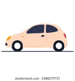 This charming illustration features a small car depicted in a side view, facing to the right. The car has a peach-colored body, dark blue windows, and black tires with white centers.