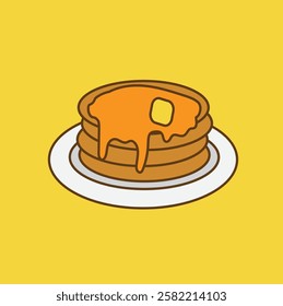 This charming illustration features a stack of fluffy pancakes, topped with a dollop of melting butter and drizzled with golden syrup.