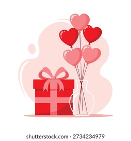 This charming illustration features a vibrant red gift box adorned with a pink ribbon next to a vase of heart-shaped balloons. The playful design captures the essence of romance and celebration, making it perfect for Valentine's Day themes. Soft pink background accents enhance the festive and loving atmosphere of the scene.
