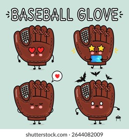 This charming illustration showcases four different baseball gloves with expressive, cartoonish faces, offering a fun design.