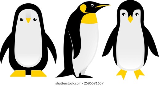 This charming illustration showcases three distinct penguins, each designed with personality, conveying playfulness and adorability in whimsical artistic style. Vector illustration.