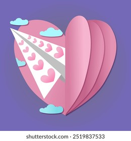 This charming image captures the essence of love soaring through the air, with a paper airplane decorated in soft pink hearts flying out of an origami-style heart.