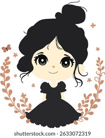 This charming kawaii-style illustration features a sweet chibi girl with big expressive eyes, wearing a black puff-sleeve dress. Her hair is styled in a messy bun, surrounded by soft pastel floral 