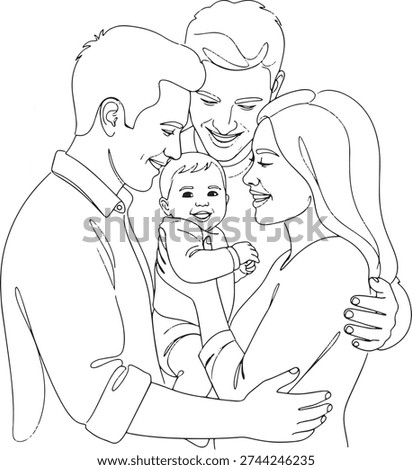This is a charming line drawing depicting a loving family. Two adults, presumably parents, embrace each other and their smiling baby, who is held between them. The overall impression is one of warmth, happiness, and togetherness.