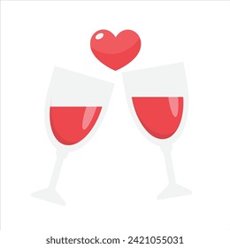 Esta es una encantadora y minimalista ilustración vectorial de dos vasos de vino aferrándose a un brindis, con una forma cardíaca encima de ellos que simboliza el amor y la celebración
