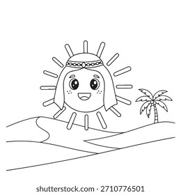 Este esboço encantador retrata um personagem solar radiante em uma paisagem desértica, convidando criatividade para materiais educativos, livros infantis ou projetos divertidos. Sua vibração alegre provoca imaginação e alegria.