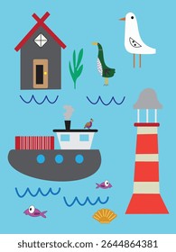 This charming children’s painting, titled "Lighthouse," features a tall, colorful lighthouse shining bright by the sea. With gentle waves, boats, and friendly seagulls, it sparks imagination