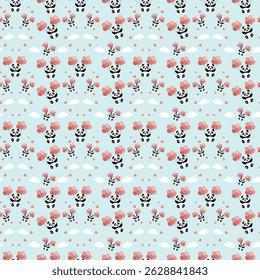 Este padrão encantador apresenta pandas adoráveis em meio a flores vibrantes e nuvens fofas sobre um fundo azul suave. O design divertido é perfeito para produtos infantis, têxteis ou qualquer projeto 