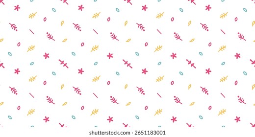 This charming pattern showcases scattered, stylized botanical elements like leaves and flowers. The simple, playful design uses a limited color palette for a fresh, modern feel.