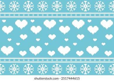 Este design encantador pixel-art apresenta um padrão repetitivo de corações brancos e flocos de neve em um fundo azul suave, evocando uma sensação acolhedora de inverno perfeita para decorações sazonais.