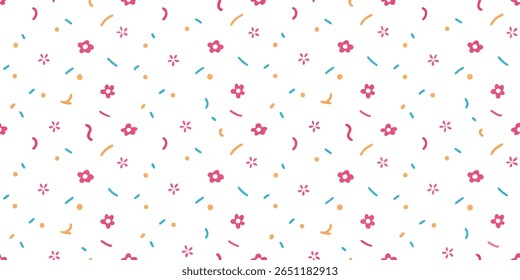 This charming repeating pattern showcases a delightful arrangement of simple pink flowers, small orange dots, and playful blue and pink curved lines on a clean white backdrop.