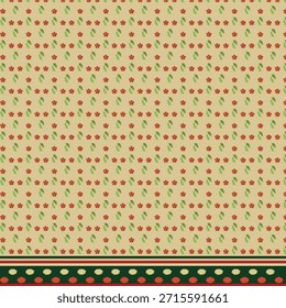 Este encantador padrão floral sem costura apresenta pequenos motivos de flor vermelha emparelhados com folhas verdes em um fundo bege quente. O design é inspirado na arte folclórica vintage e têxteis decorativos tradicionais, terminados com uma borda ornamental clássica em tons verdes e vermelhos.

Perfeito para impressão de tecido, papel de parede, papelaria, papel de presente, papel scrapbook, fundos digitais, design de padrão de superfície e produtos de impressão sob demanda. O padrão de repetição cria uma estética suave, alegre e atemporal, adequada para projetos modernos e tradicionais.

Padrão de repetição contínuo
Layout limpo e equilibrado
Ideal para impressão digital
