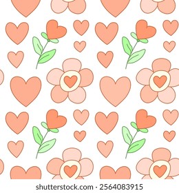 This charming seamless pattern features delicate flowers with hearts in pastel pink, green, and white