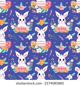 This charming seamless pattern features kawaii style Easter bunnies, colorful eggs, and cheerful flowers. Perfect for spring themed designs, this playful illustration brings a joyful and adorable