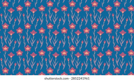 This charming seamless pattern features stylized bellflowers in pink and mauve tones standing gracefully across a deep blue backdrop, offering a refined Japanese floral motif.