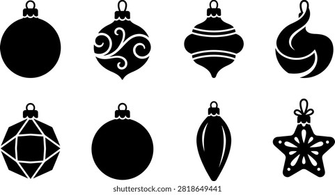 This charming selection presents black silhouette Christmas ornaments with solid, swirled, and geometric designs, ideal for winter holiday themes and crafts.