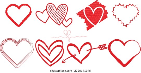 Este encantador conjunto presenta una variedad de ilustraciones de corazón rojo dibujadas a mano, cada una con un estilo único, desde contornos simples hasta diseños texturizados y rayados, incluido un corazón perforado por la flecha de Cupido. Estos gráficos versátiles son perfectos para transmitir sentimientos de amor, romance y afecto. Ideal para diseños de San Valentín, invitaciones de boda, tarjetas de felicitación, publicaciones en redes sociales o cualquier proyecto que necesite un toque de emoción sentida y estilo artístico.