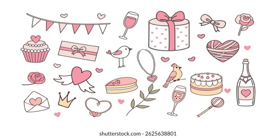 This charming set of hand-drawn coquette elements is perfect for Valentine's Day, birthdays, holidays, Friendship Day, and Christmas designs. Great for cards, prints, scrapbooks, and digital projects 