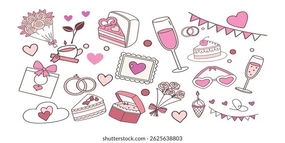 This charming set of hand-drawn coquette elements is perfect for Valentine's Day, birthdays, holidays, Friendship Day, and Christmas designs. Great for cards, prints, scrapbooks, and digital projects 