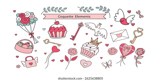 This charming set of hand-drawn coquette elements is perfect for Valentine's Day, birthdays, holidays, Friendship Day, and Christmas designs. Great for cards, prints, scrapbooks, and digital projects 