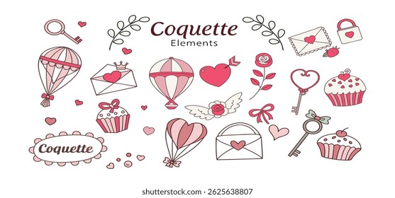 This charming set of hand-drawn coquette elements is perfect for Valentine's Day, birthdays, holidays, Friendship Day, and Christmas designs. Great for cards, prints, scrapbooks, and digital projects 
