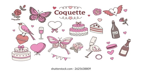 This charming set of hand-drawn coquette elements is perfect for Valentine's Day, birthdays, holidays, Friendship Day, and Christmas designs. Great for cards, prints, scrapbooks, and digital projects 