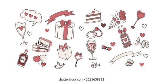 This charming set of hand-drawn coquette elements is perfect for Valentine's Day, birthdays, holidays, Friendship Day, and Christmas designs. Great for cards, prints, scrapbooks, and digital projects 