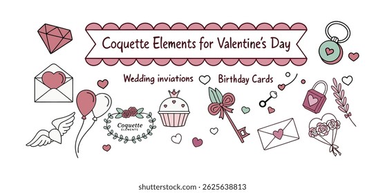 This charming set of hand-drawn coquette elements is perfect for Valentine's Day, birthdays, holidays, Friendship Day, and Christmas designs. Great for cards, prints, scrapbooks, and digital projects 