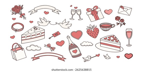 This charming set of hand-drawn coquette elements is perfect for Valentine's Day, birthdays, holidays, Friendship Day, and Christmas designs. Great for cards, prints, scrapbooks, and digital projects 