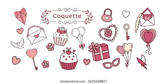 This charming set of hand-drawn coquette elements is perfect for Valentine's Day, birthdays, holidays, Friendship Day, and Christmas designs. Great for cards, prints, scrapbooks, and digital projects 