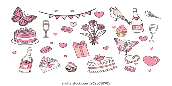 This charming set of hand-drawn coquette elements is perfect for Valentine's Day, birthdays, holidays, Friendship Day, and Christmas designs. Great for cards, prints, scrapbooks, and digital projects 