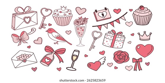 This charming set of hand-drawn coquette elements is perfect for Valentine's Day, birthdays, holidays, Friendship Day, and Christmas designs. Great for cards, prints, scrapbooks, and digital projects.