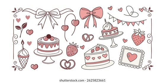 This charming set of hand-drawn coquette elements is perfect for Valentine's Day, birthdays, holidays, Friendship Day, and Christmas designs. Great for cards, prints, scrapbooks, and digital projects.