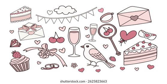 This charming set of hand-drawn coquette elements is perfect for Valentine's Day, birthdays, holidays, Friendship Day, and Christmas designs. Great for cards, prints, scrapbooks, and digital projects.