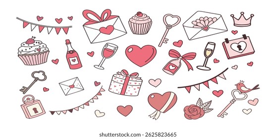 This charming set of hand-drawn coquette elements is perfect for Valentine's Day, birthdays, holidays, Friendship Day, and Christmas designs. Great for cards, prints, scrapbooks, and digital projects.
