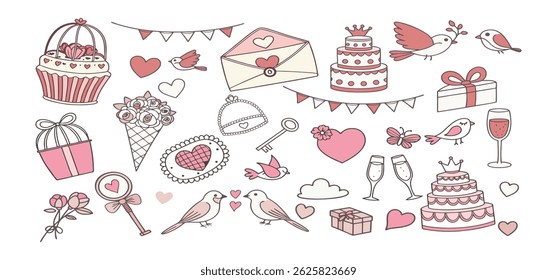 This charming set of hand-drawn coquette elements is perfect for Valentine's Day, birthdays, holidays, Friendship Day, and Christmas designs. Great for cards, prints, scrapbooks, and digital projects.
