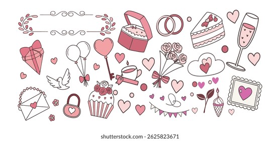 This charming set of hand-drawn coquette elements is perfect for Valentine's Day, birthdays, holidays, Friendship Day, and Christmas designs. Great for cards, prints, scrapbooks, and digital projects.