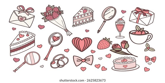 This charming set of hand-drawn coquette elements is perfect for Valentine's Day, birthdays, holidays, Friendship Day, and Christmas designs. Great for cards, prints, scrapbooks, and digital projects.