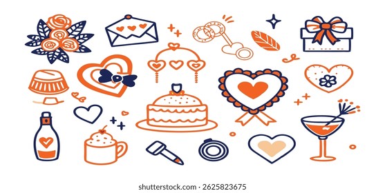 This charming set of hand-drawn coquette elements is perfect for Valentine's Day, birthdays, holidays, Friendship Day, and Christmas designs. Great for cards, prints, scrapbooks, and digital projects.