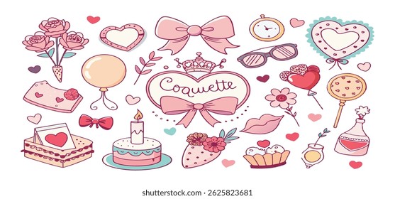 This charming set of hand-drawn coquette elements is perfect for Valentine's Day, birthdays, holidays, Friendship Day, and Christmas designs. Great for cards, prints, scrapbooks, and digital projects.