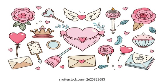 This charming set of hand-drawn coquette elements is perfect for Valentine's Day, birthdays, holidays, Friendship Day, and Christmas designs. Great for cards, prints, scrapbooks, and digital projects.