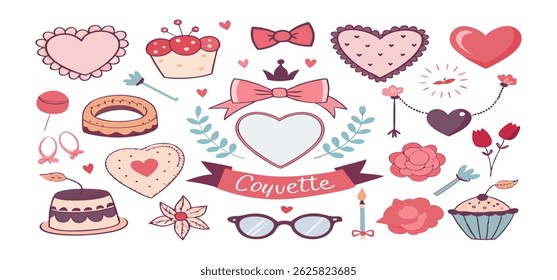 This charming set of hand-drawn coquette elements is perfect for Valentine's Day, birthdays, holidays, Friendship Day, and Christmas designs. Great for cards, prints, scrapbooks, and digital projects.