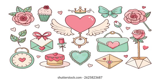 This charming set of hand-drawn coquette elements is perfect for Valentine's Day, birthdays, holidays, Friendship Day, and Christmas designs. Great for cards, prints, scrapbooks, and digital projects.