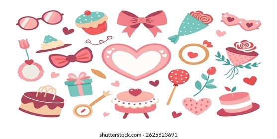 This charming set of hand-drawn coquette elements is perfect for Valentine's Day, birthdays, holidays, Friendship Day, and Christmas designs. Great for cards, prints, scrapbooks, and digital projects.