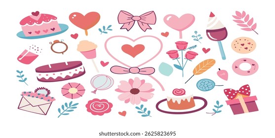 This charming set of hand-drawn coquette elements is perfect for Valentine's Day, birthdays, holidays, Friendship Day, and Christmas designs. Great for cards, prints, scrapbooks, and digital projects.